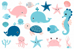 Cute sea animals clipart, Kawaii under sea clip art, seahorse whale ...