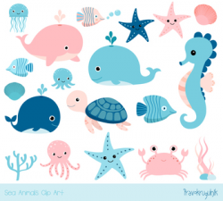 Cute sea animal clipart, Under sea summer clip art, Blue pink whale,  seahorse