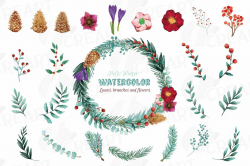 Winter flowers and leafs clip art pack, watercolor floral