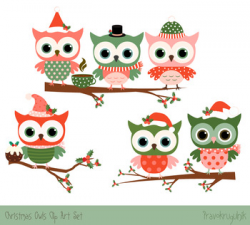 Cute Christmas owls clipart set, Christmas owls on tree branches, Winter  clipart
