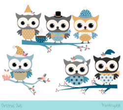 Cute winter owls clipart set, Christmas owls clip art, Winter bird animal