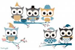 Winter owls clip art set, Holiday owl in blue colors, Cute Christmas ...