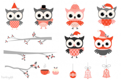 Red grey winter owls clipart, Cute Christmas owl characters clip art ...