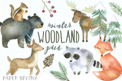 Winter Woodland Animals Clipart Watercolor Forest by PaperSphinx ...