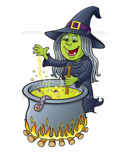 Cartoon illustration of a witch stirring a hot bubbling ...