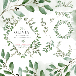 Watercolor Olive Branch Leaves Clipart, Rustic Laurel Wreath Clipart,  Greenery Wedding Invitation