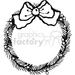 Simple Black and White Holly Berry Wreath with a Bow clipart. Royalty-free  clipart # 143824