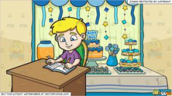 A Boy Writing Down Notes On His Notebook and A Baby Shower Pastry Buffet  Table Background