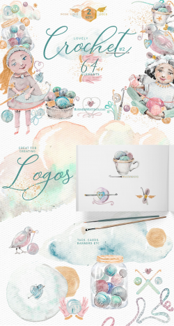 Hand drawn commercial use crochet clipart watercolor yarn ...