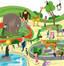 Zoo cartoon people family with animals scene vector illustration ...